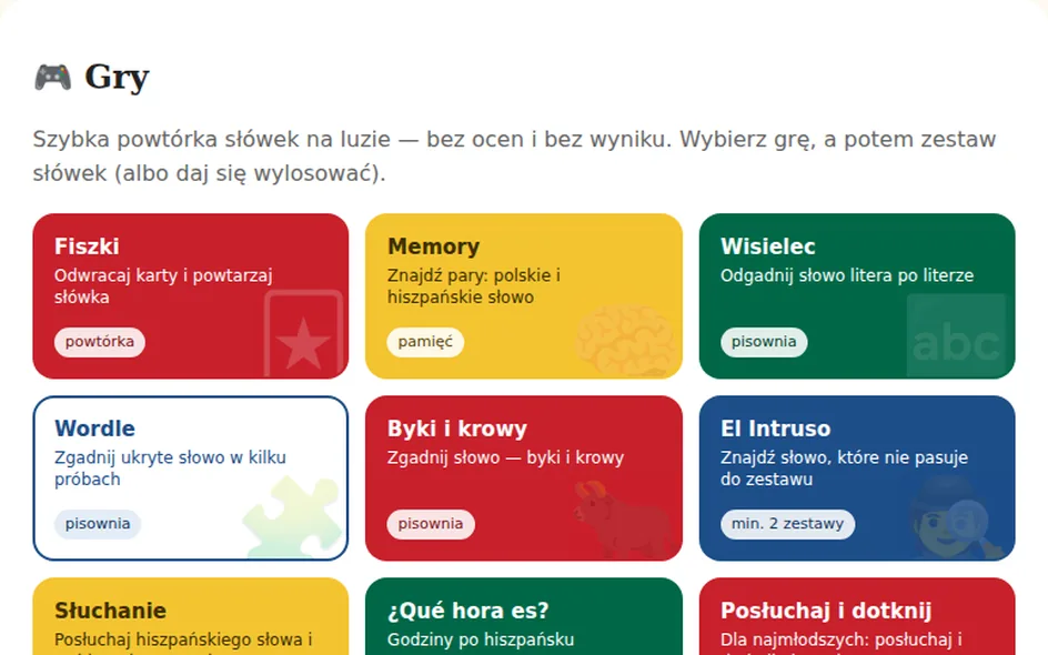 Zrzut ekranu: lista gier w Strefie ucznia