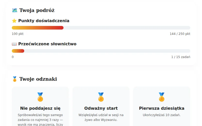Zrzut ekranu: punkty doświadczenia i odznaki