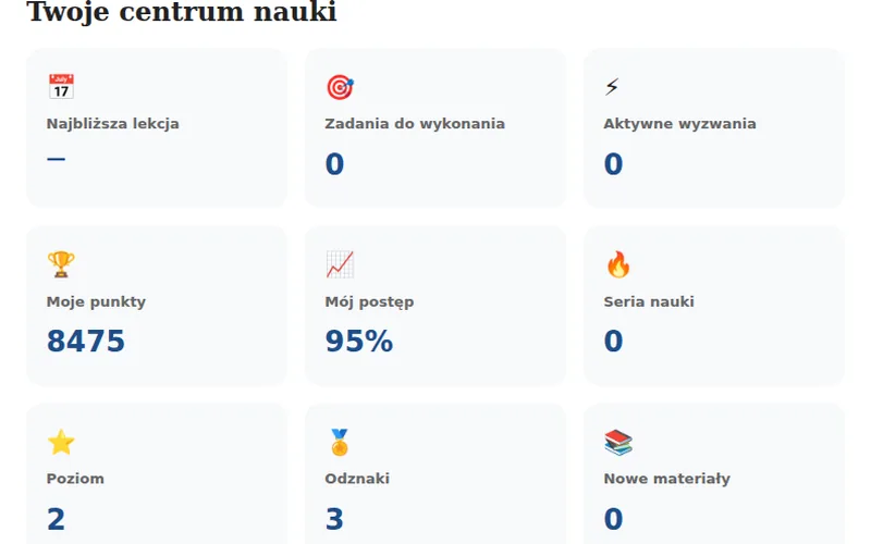 Zrzut ekranu: centrum nauki z punktami i postępem